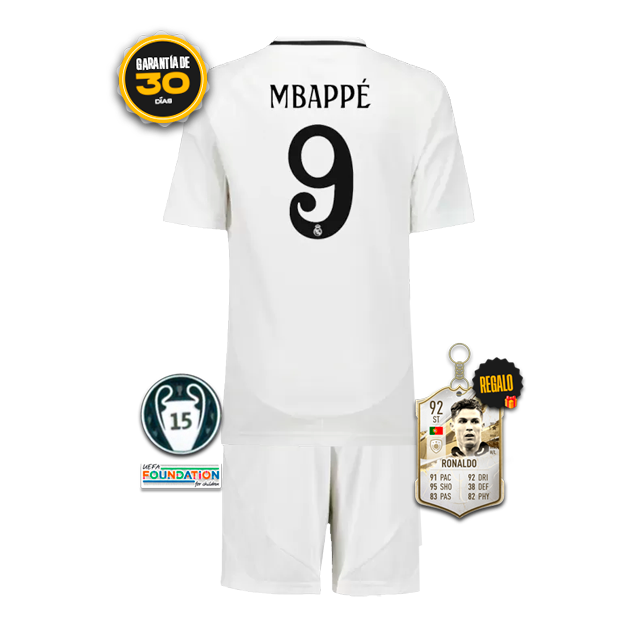 Conjunto Niños Real Madrid Primera Equipacíon Blanca MBAPPÉ 9 2024/25 + 5 REGALOS 🎁